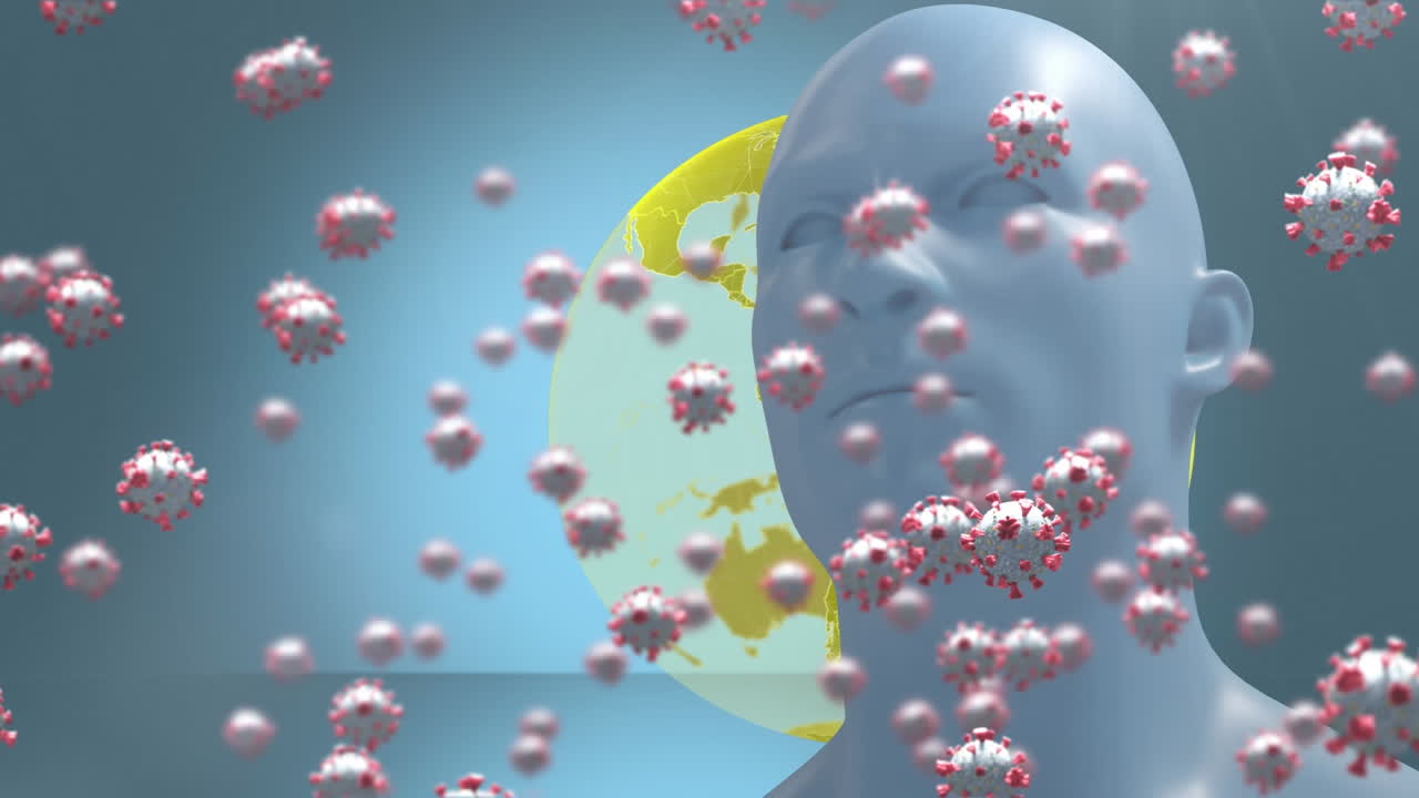 지구와 인간의 머리 위를 날아다니는 코로나19 세포의 애니메이션