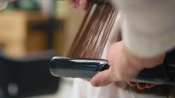 Handheld view of hairdresser using straightener and comb