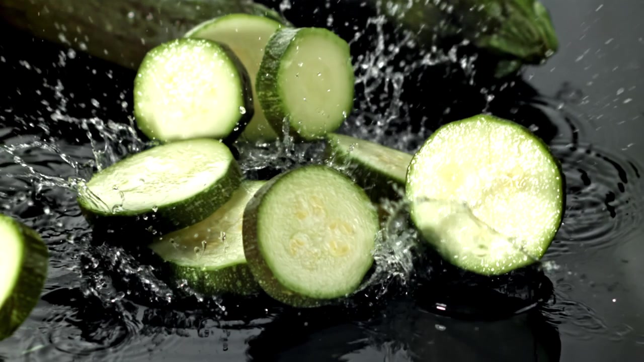 スローモーションで水に飛び散る新鮮なキュウリのスライス