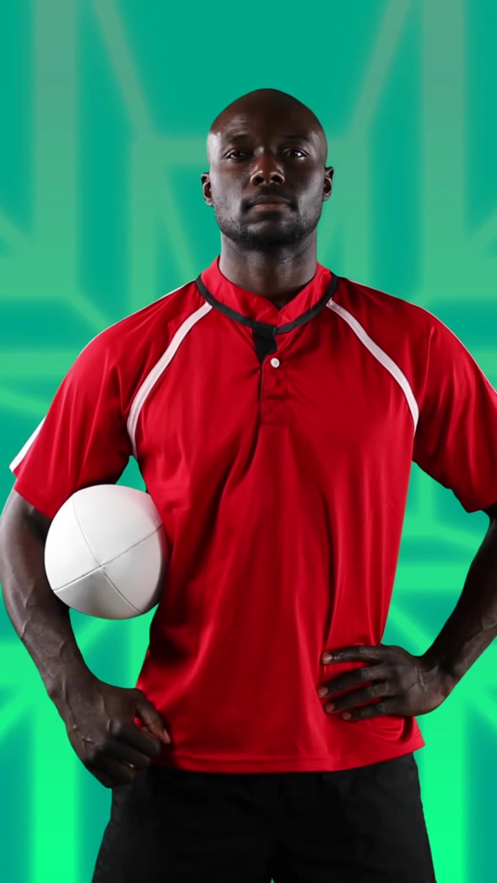 Animation of african american male american football player with ball over shapes