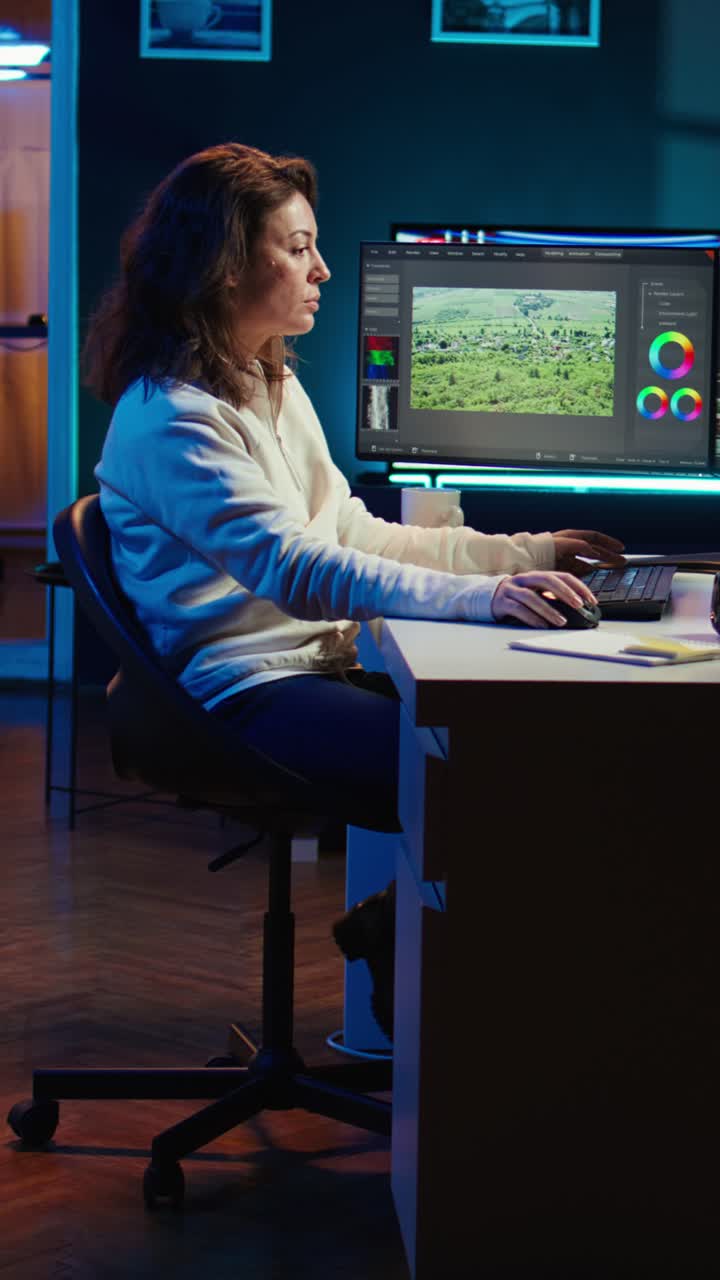 Un dipendente di uno studio di post-produzione di video verticali inizia il turno in un ufficio creativo