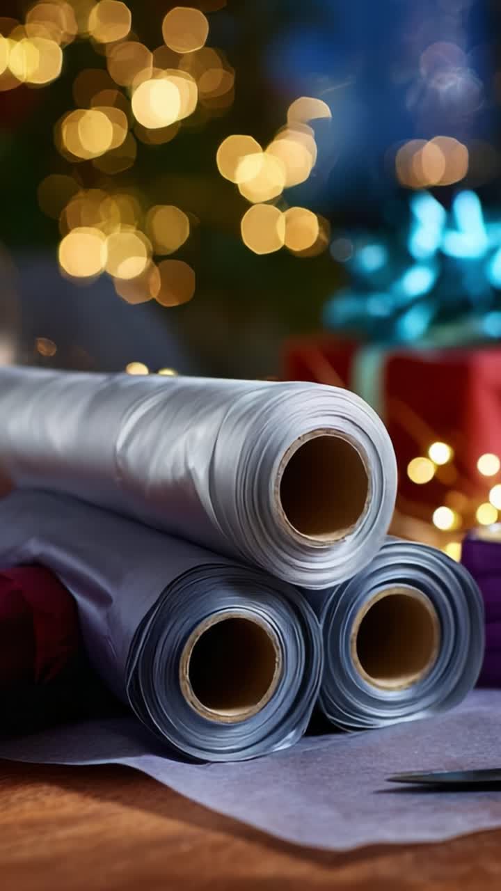 Close-up View of Colorful Wrapping Paper Rolls Ready for Gift Packaging Surrounded by Festive Lights and Christmas Decorations, Perfect for Holiday Celebrations and Creative Gift-Giving Ideas