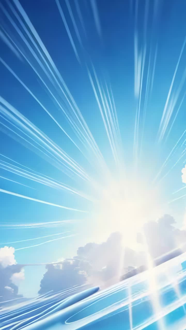 Vertical video: Brightening sun sending radiating streaks over ocean, with clouds and fading arc