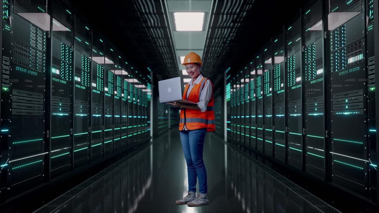 Full Body Side View Of Asian Female Engineer With Safety Helmet Working On A Laptop While Standing in Server Room Data Center