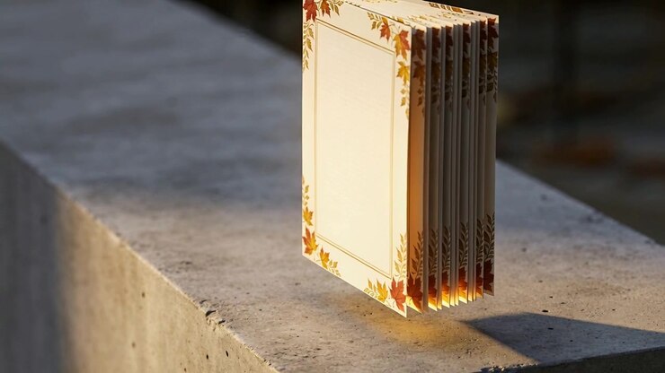 Hovering autumn-bordered stack descending toward concrete ledge, gravity pulling, sunlight glowing