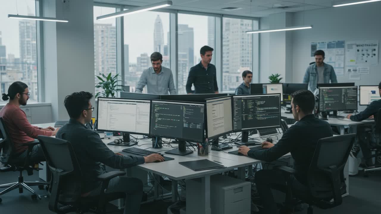 Collaboration and Teamwork in a Modern Office Environment: A Dynamic Workplace with Programmers Engaged in Coding and Project Discussions