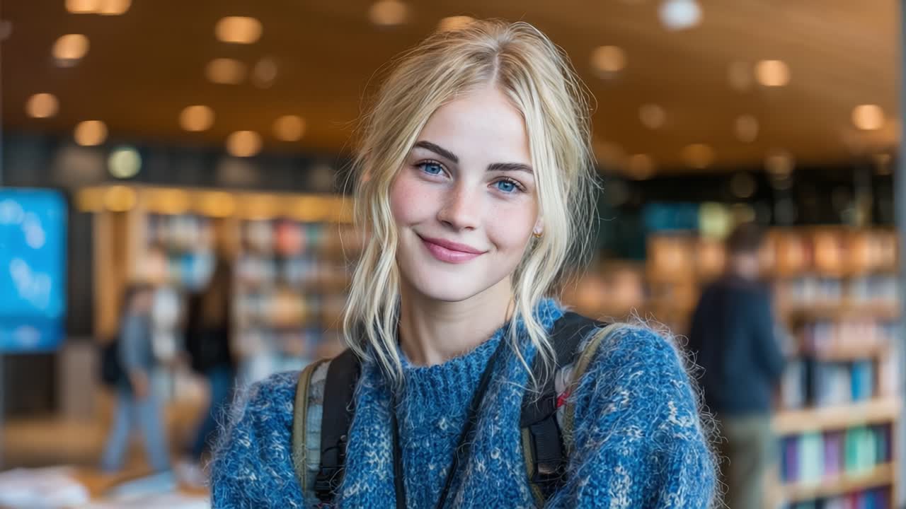 A Bright and Charming Young Woman Smiling in a Modern Library Setting Surrounded by Books and People, Capturing the Essence of Joy and Learning