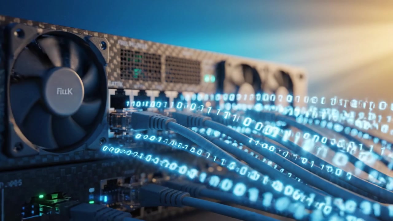 Modern Data Center Equipment Showcasing Cable Connections and Binary Flow from a Network Server in a High-Tech Environment with Dynamic Lighting Effects