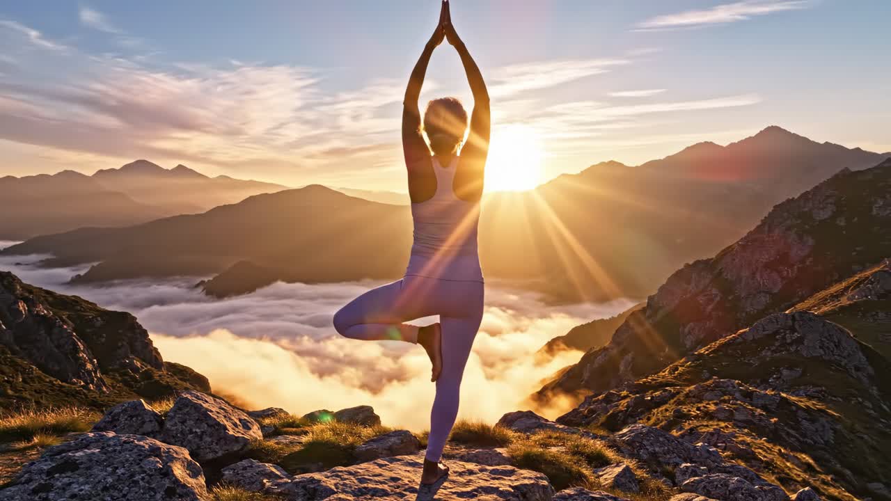 donna che pratica yoga sulla cima di una montagna all'alba
