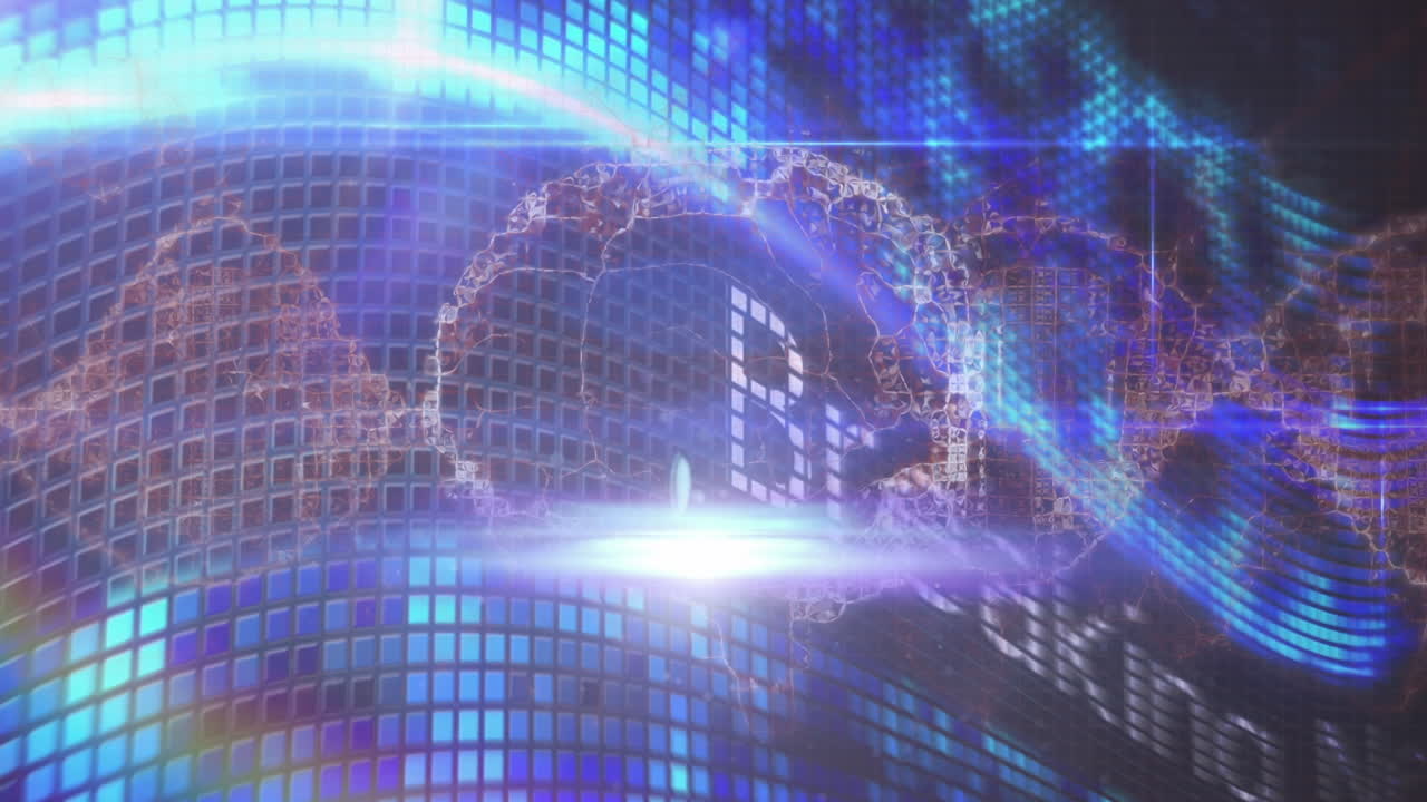 검은 바탕에 움직이는 기둥 위에 디지털 뇌와 빛의 트레일의 애니메이션