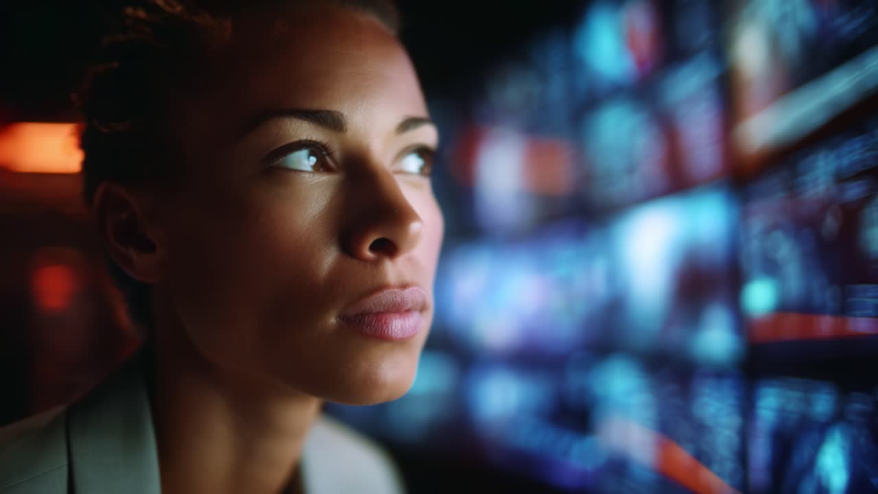 Professionista di analisi contemplativa che analizza immagini di dati in un ambiente high-tech con espressione concentrata e intensa concentrazione su display digitali