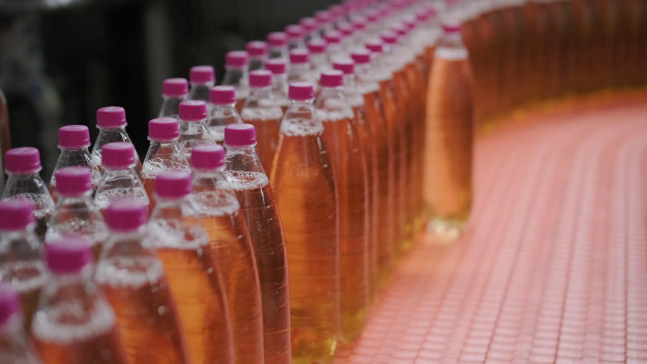 Bottles on a Conveyor Belt in a Beverage Factory