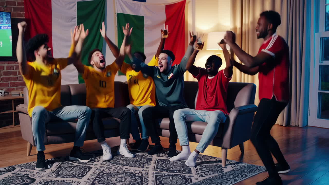 Friends celebrating a football match victory at home