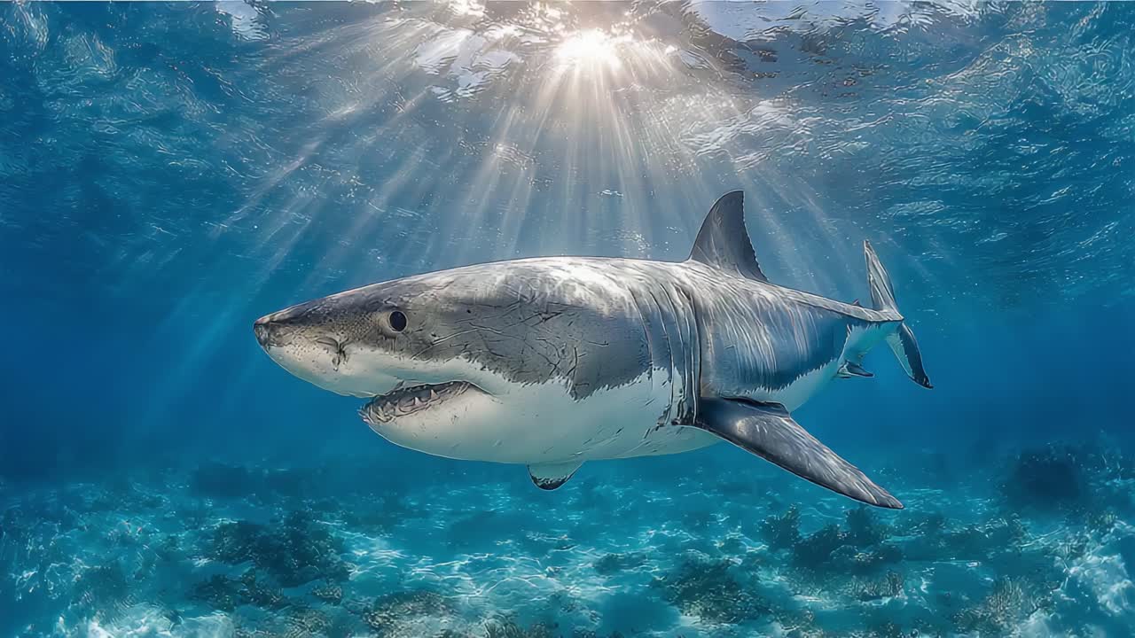 Majestic Great White Shark Gracefully Gliding Through the Clear Blue Ocean Waters Under a Radiant Sunlight Canopy
