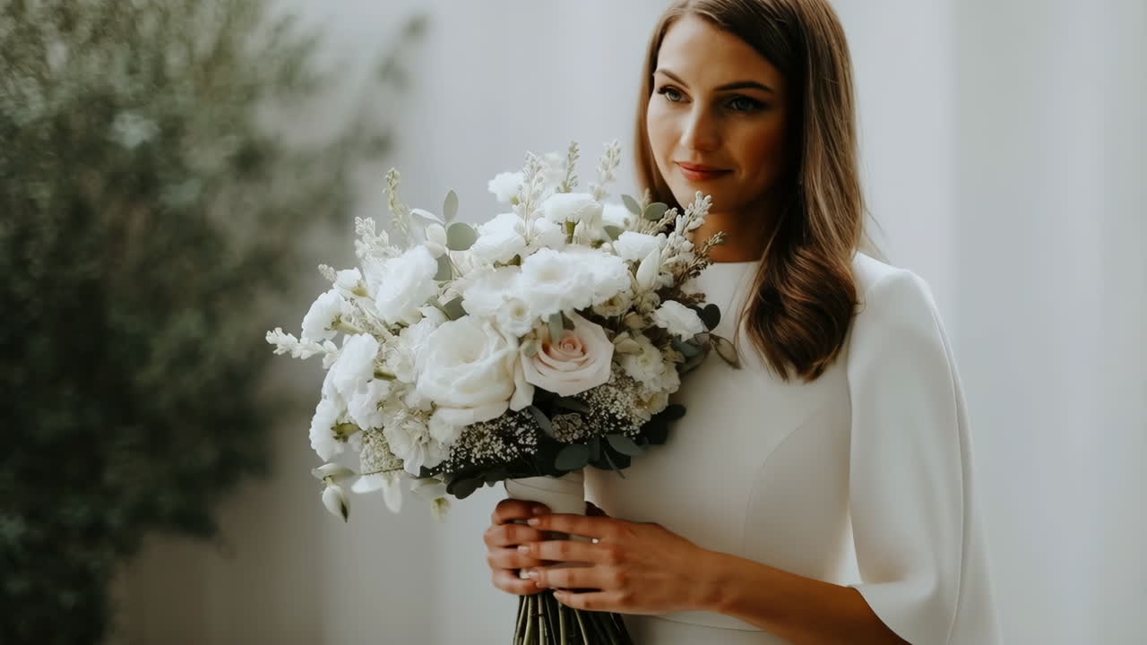 Sposa che tiene in mano un bellissimo bouquet floreale bianco
