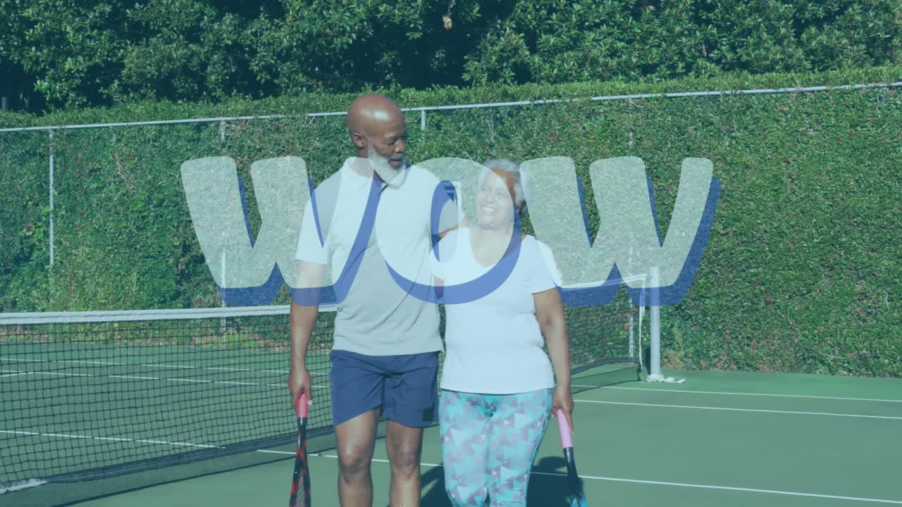 Coppia che cammina attraverso il campo da tennis, mostrando un tema sulla salute, con grafici animati di fitness.