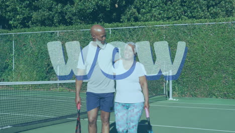 couple walking across tennis court, showing health theme, with animated fitness charts