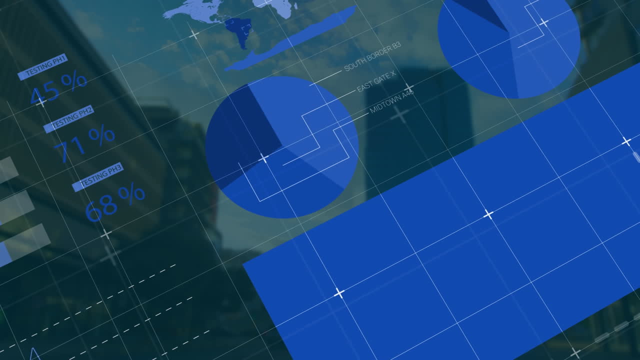 Animation of data processing over cityscape