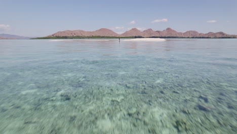 Caucasian-Tourist-Man-Standing-in-Shallow-Water-in-Desert-Komodo-Island---Revealing-Aerial-Flyover