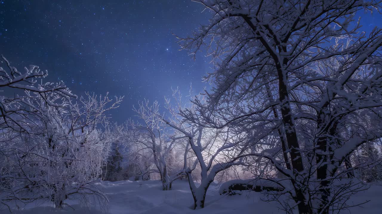 Brightening horizon glow lighting central trees, right trunk standing on snow under shifting stars