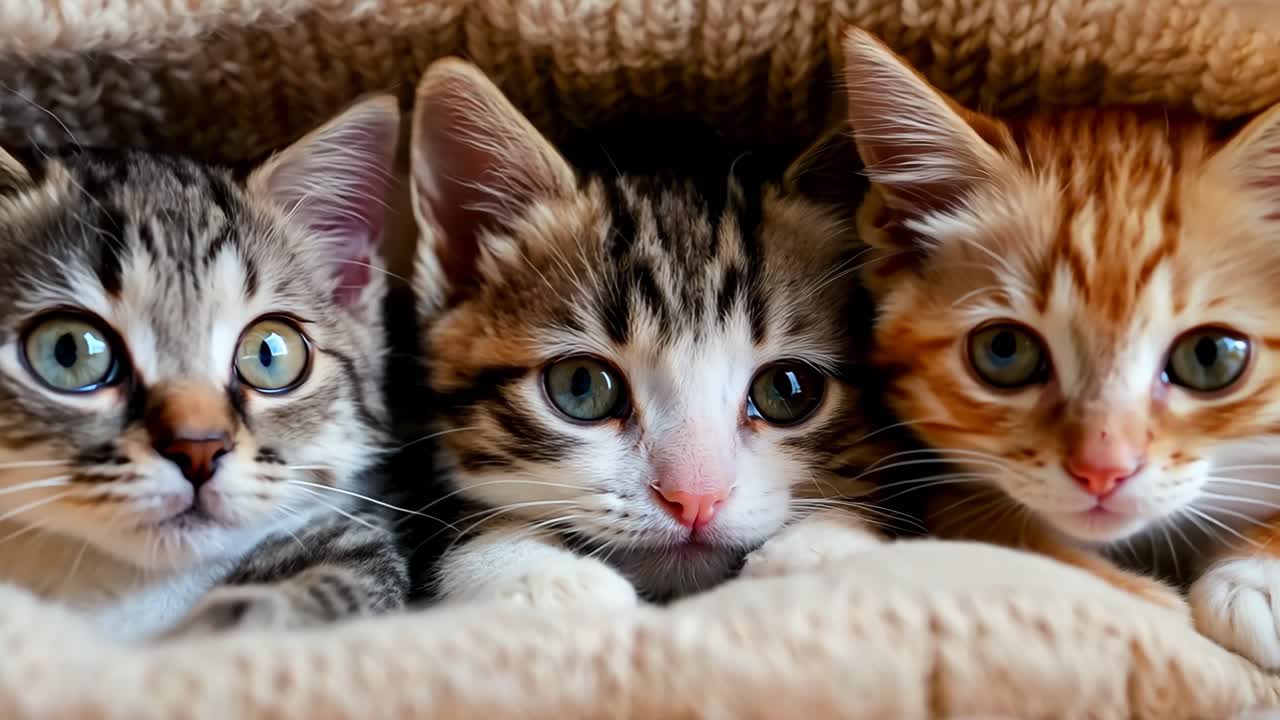 Tres gatitos se asoman de una manta en una cama.