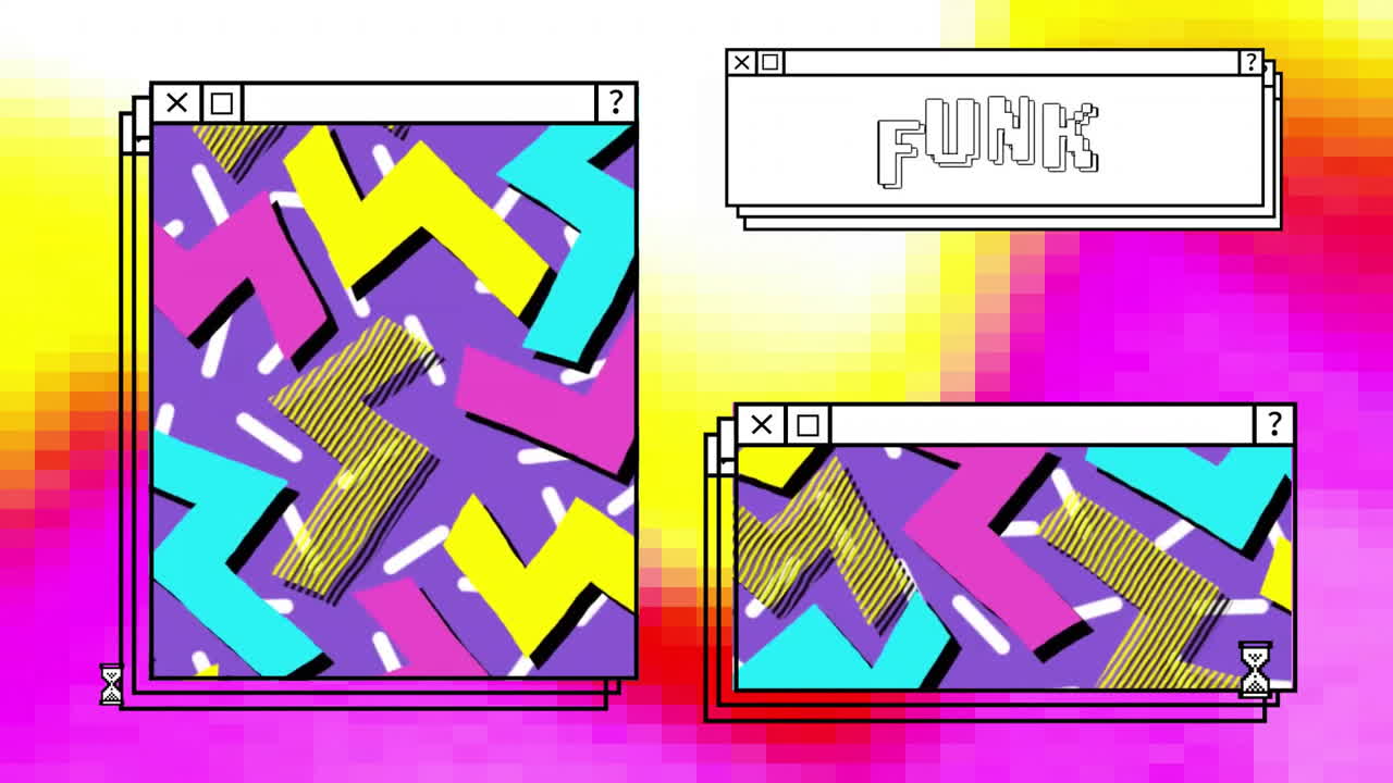 Animation of digital interface with colourful shapes and funk text
