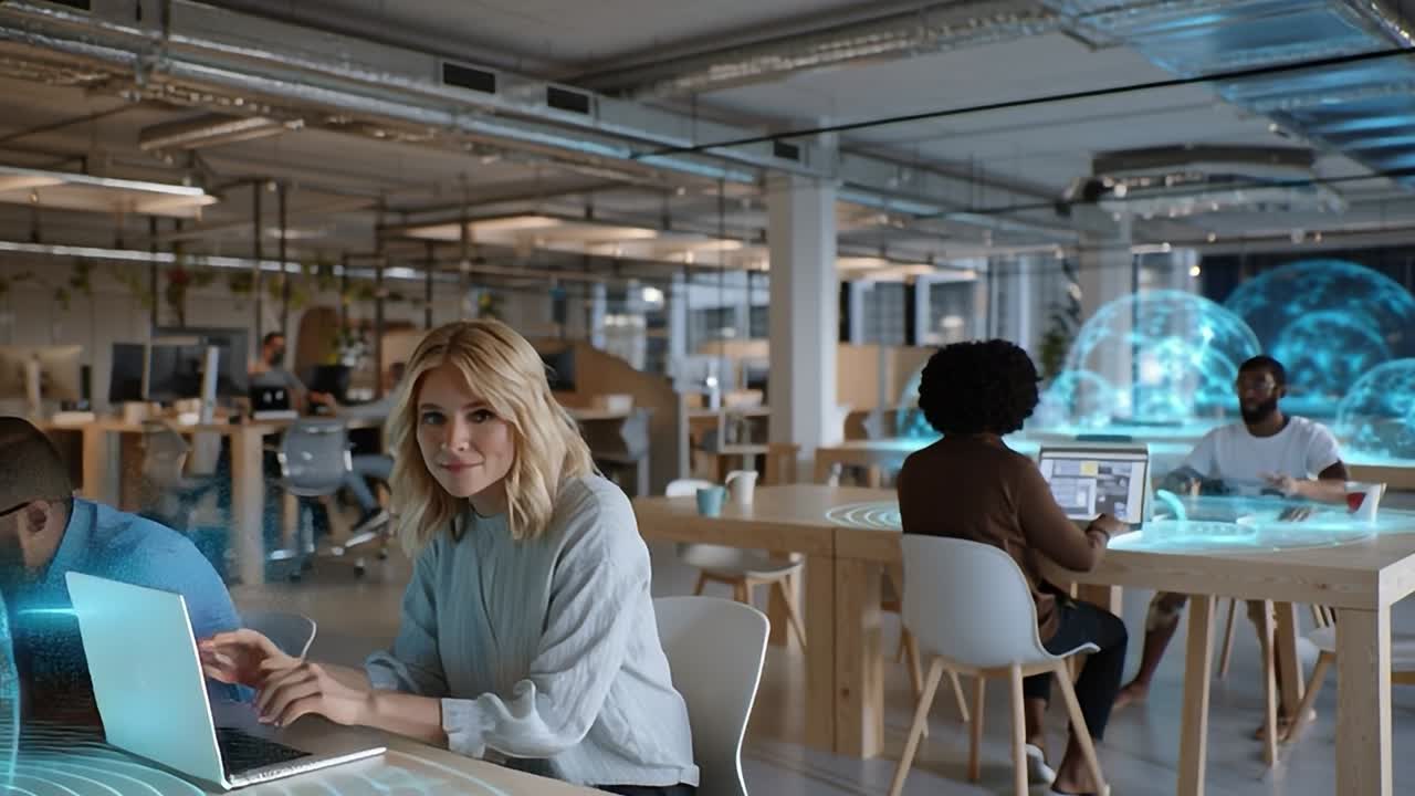 Ambiente d'ufficio che mostra tecnologia futuristica e collaborazione.