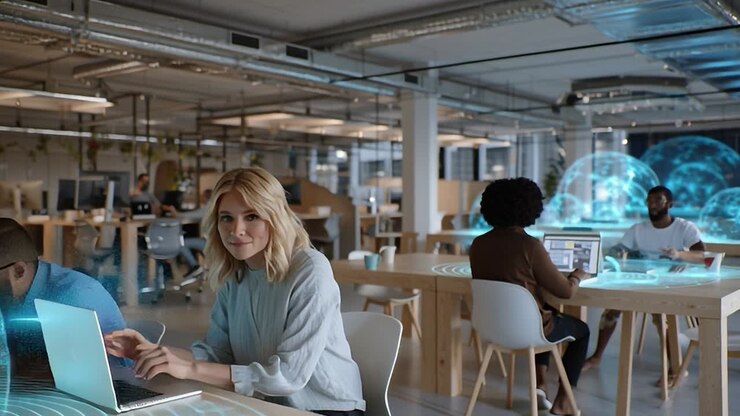 Office environment showcasing futuristic technology and collaboration