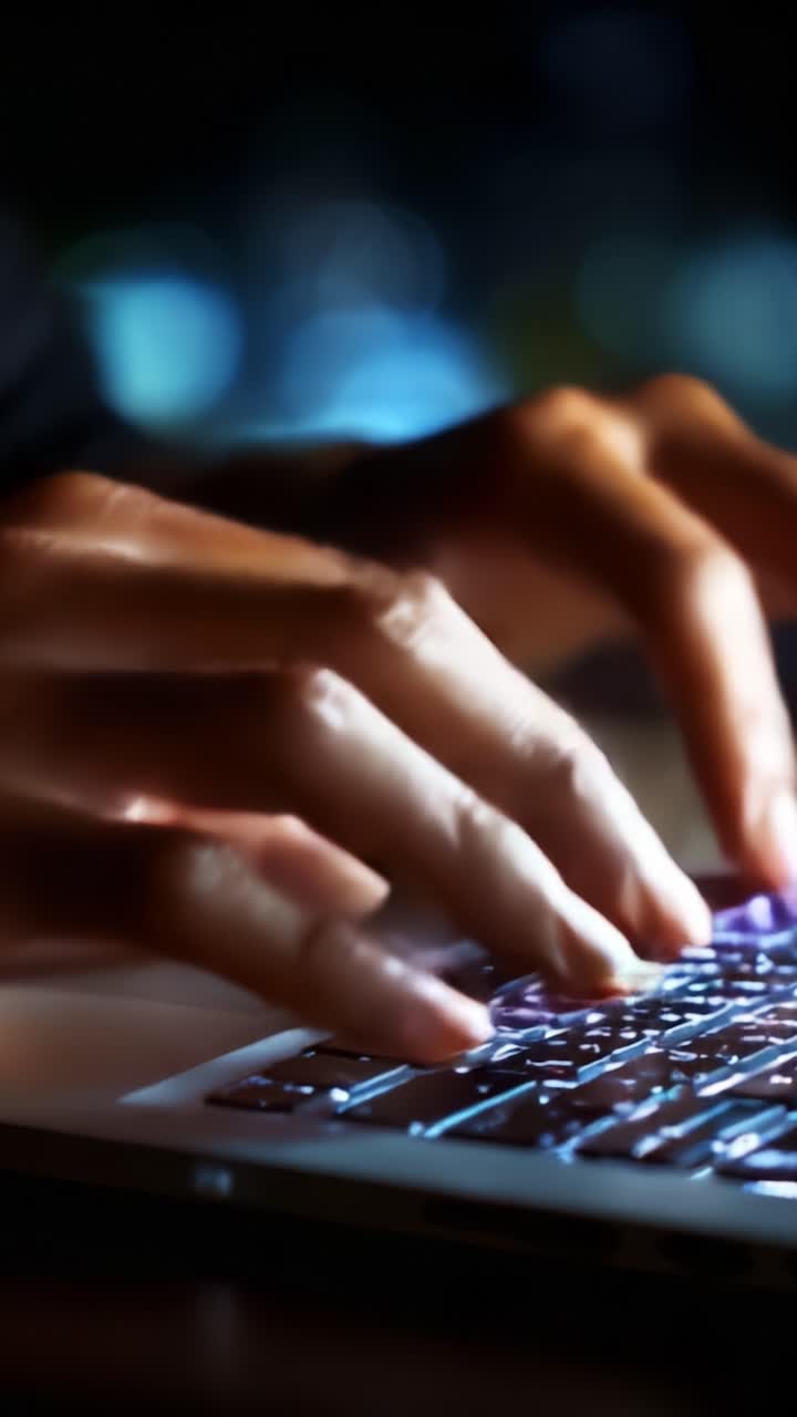 Focused fingers on a laptop keyboard in a dimly lit environment, highlighting the elegance of typing and the interplay of light and shadow on the keys