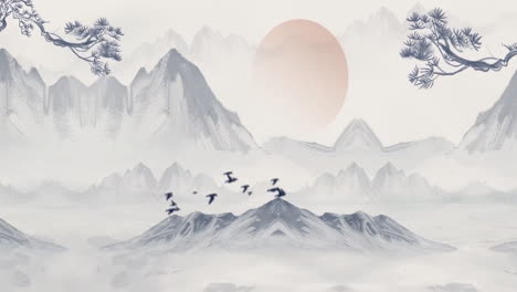 china's traditional oriental digital art animation, chinese painting ink in mountain with flowers, tree, birds, river in fog background artwork