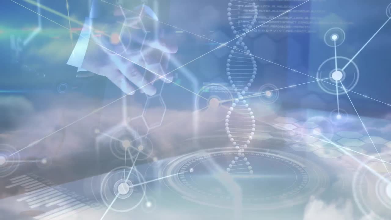 카우카스 사업가와 데이터 처리에 대한 아이콘과 연결 네트워크의 애니메이션