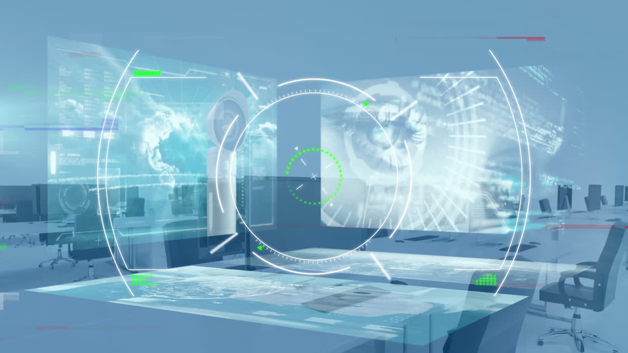 빈 사무실에서 스 ⁇  스캐닝과 데이터 처리의 애니메이션