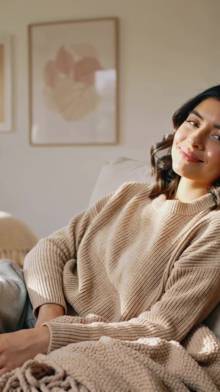 Vertikal video: Kvinde i beige sweater ligger på sofaen derhjemme med tæppe og lukker øjnene i solen