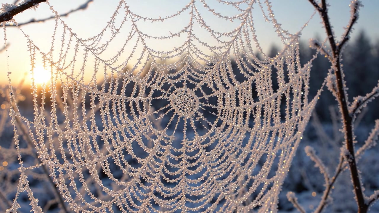 Eine atemberaubende Darstellung der Kunstfertigkeit der Natur: Ein gefrostetes Spinnennetz funkelt im frühen Morgenlicht und hebt sein komplexes Design und seine zarte Schönheit hervor