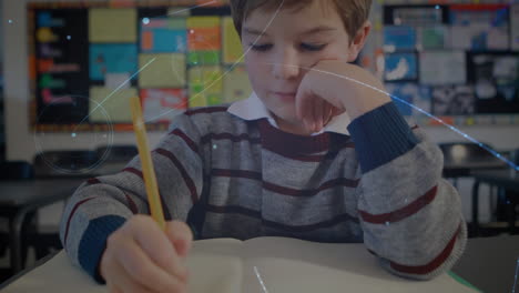 animación de la red de conexiones sobre un escolar caucásico feliz