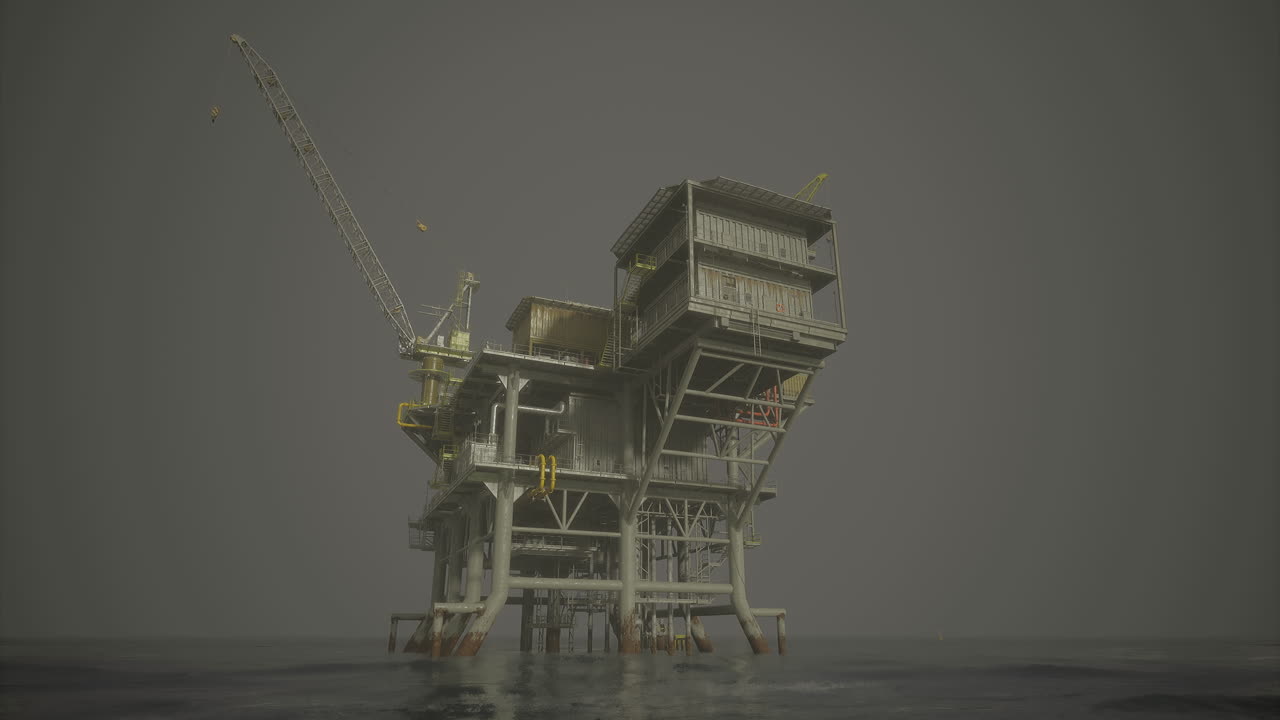Exploring an offshore oil rig under overcast skies in the ocean