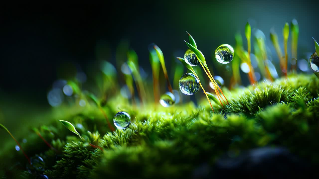 A Tranquil Close-up of Dewdrops on Lush Green Moss, Capturing Nature's Beauty in its Finest Detail, Perfectly Illuminated by Soft Natural Light for a Serene Mood