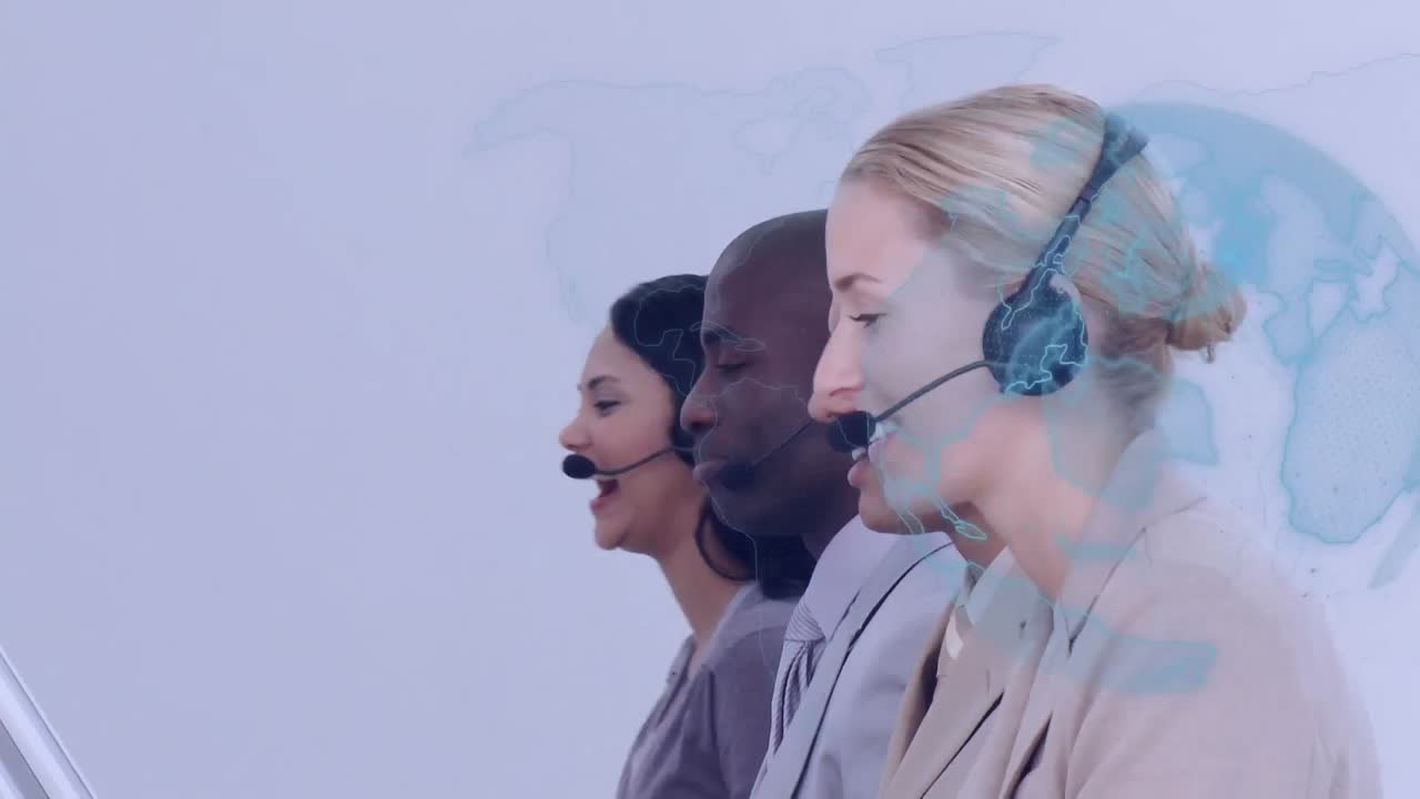 Animation of globe with network of connections over business people using phone headsets
