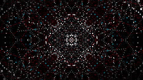 kaleidoscope of small colorful dots that move chaotically. geometric pattern. looped animation.