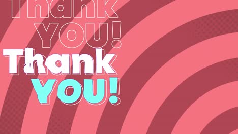 Animation-of-thank-you-text-in-repetition-in-outline,-white-and-blue-over-pink-curved-stripes