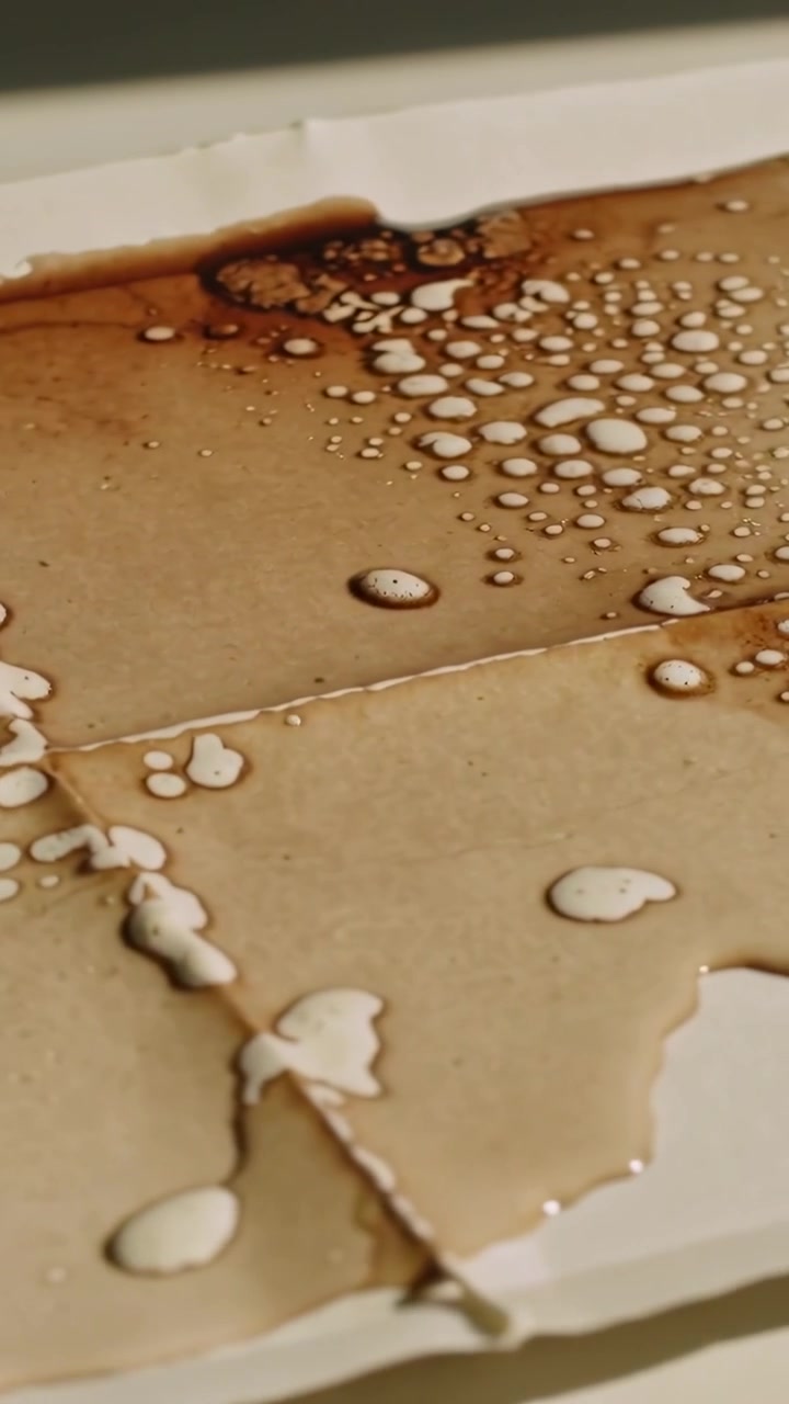 Vertical video: Shot starting camera panning stained paper on desk, showing brown beads, torn seams