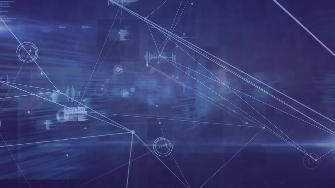 Animation of network of connections and data processing over blue background