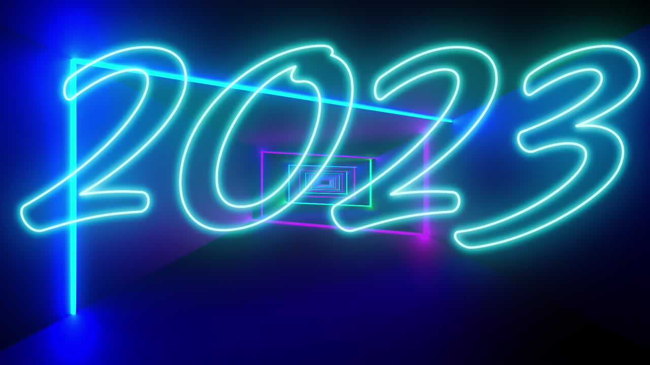 animación del texto de 2023 en neón azul con rayos de luz de neón de colores que se mueven sobre un fondo negro