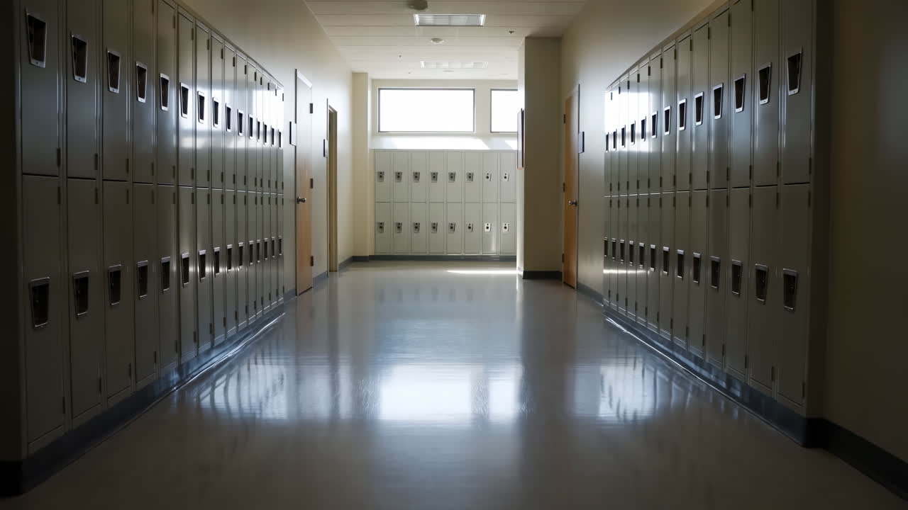 Lungo e vuoto corridoio scolastico fiancheggiato da armadietti