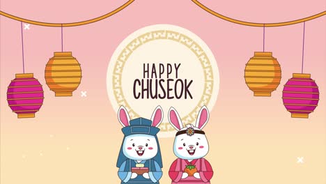 letras chuseok felizes em moldura circular com coelhos casal e lanternas