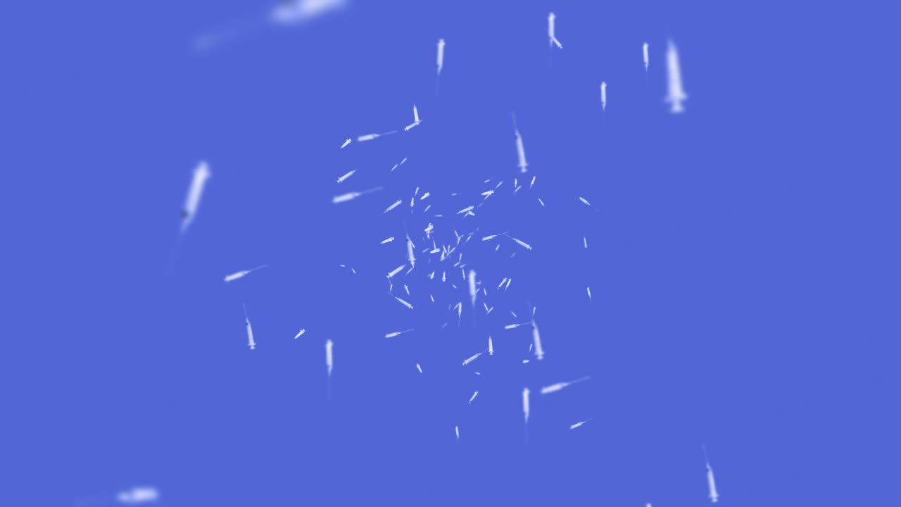 Flying many syringes for injection on blue background. Medical concept. Vaccine against the virus. Healthcare therapy. 3D loop animation.