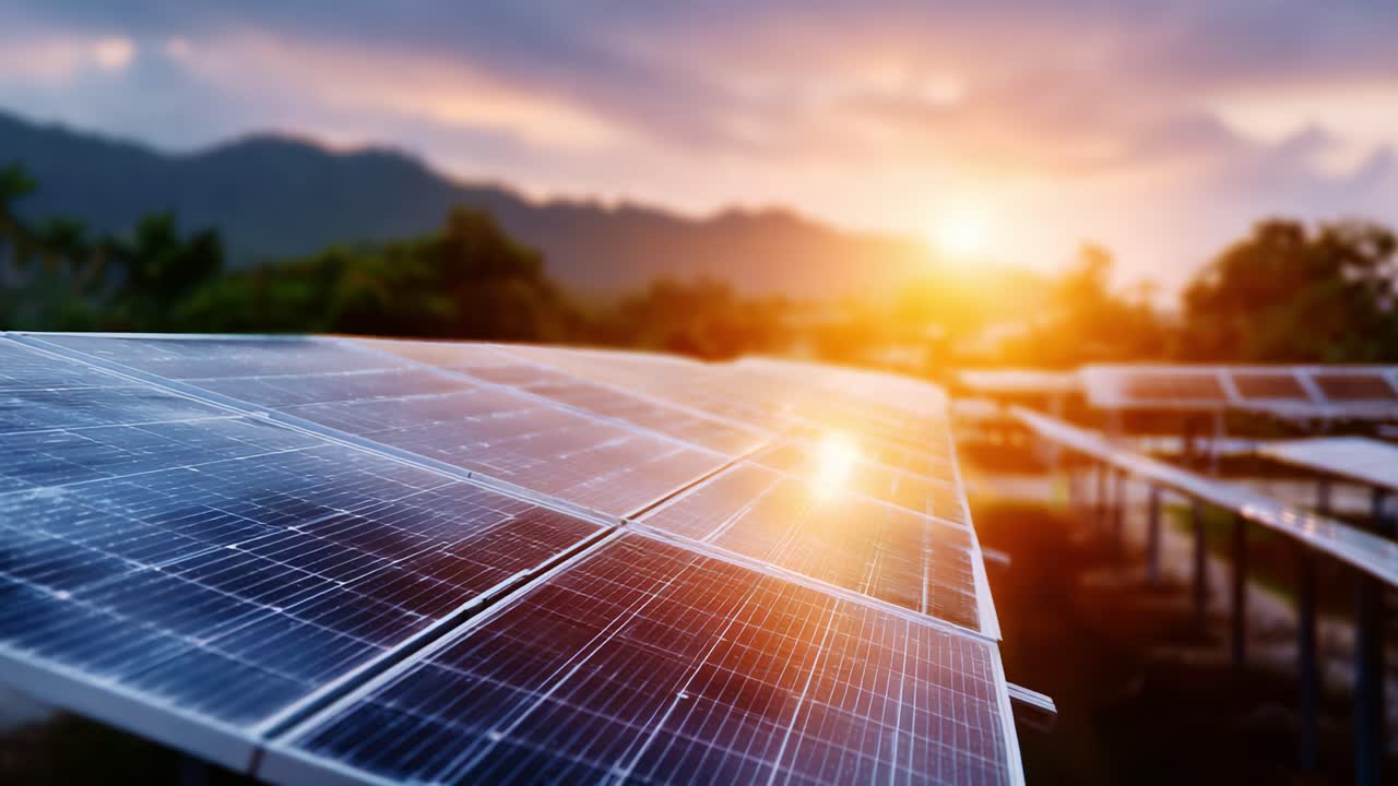 Captivating Sunset Over Solar Panels: Harnessing Renewable Energy in Nature's Splendor with Mountains in the Background and Rays of Sunlight Reflecting Off Panels