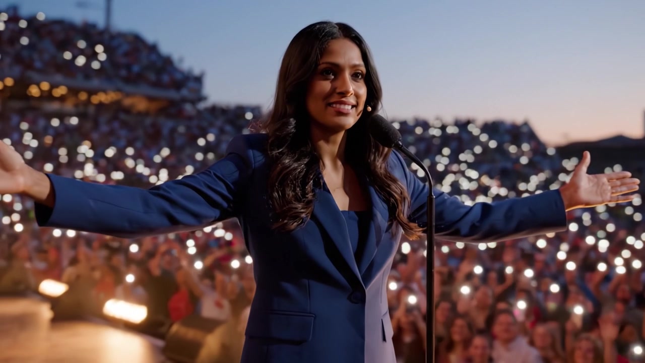 Uma Performance Cativante Sob as Estrelas: Um artista envolve uma multidão deslumbrante de fãs com conexão emocional e energia alegre durante um concerto noturno.