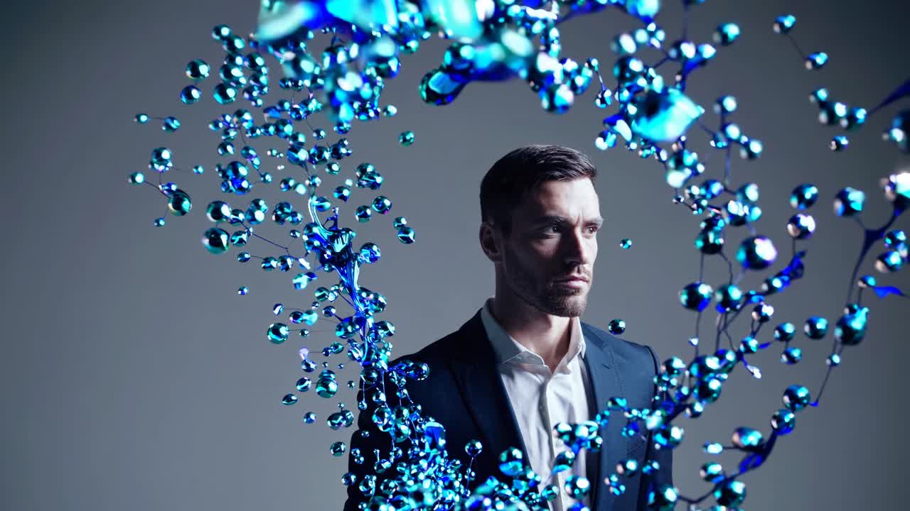 Modern Businessman in Abstract Blue Digital Environment