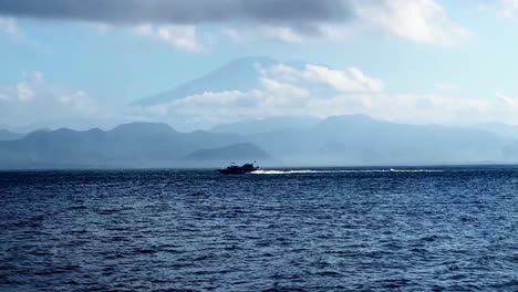 cinematic short a boat is going through the water, waves are happening in the water from behind the boa